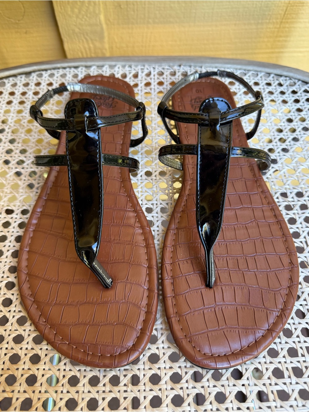 Women's Brown Crocodile Print Flat Sandals with Black Straps